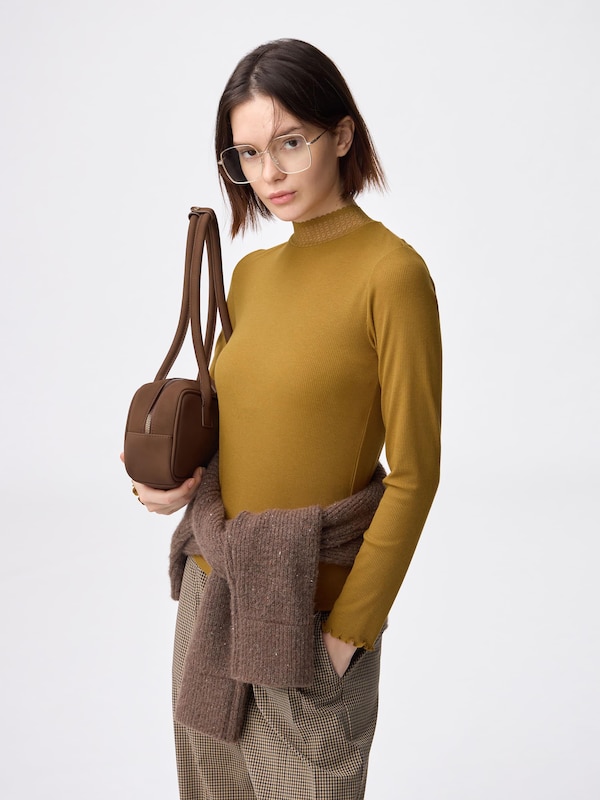 Warm Ribbed Lace High Neck T-Shirt | Long