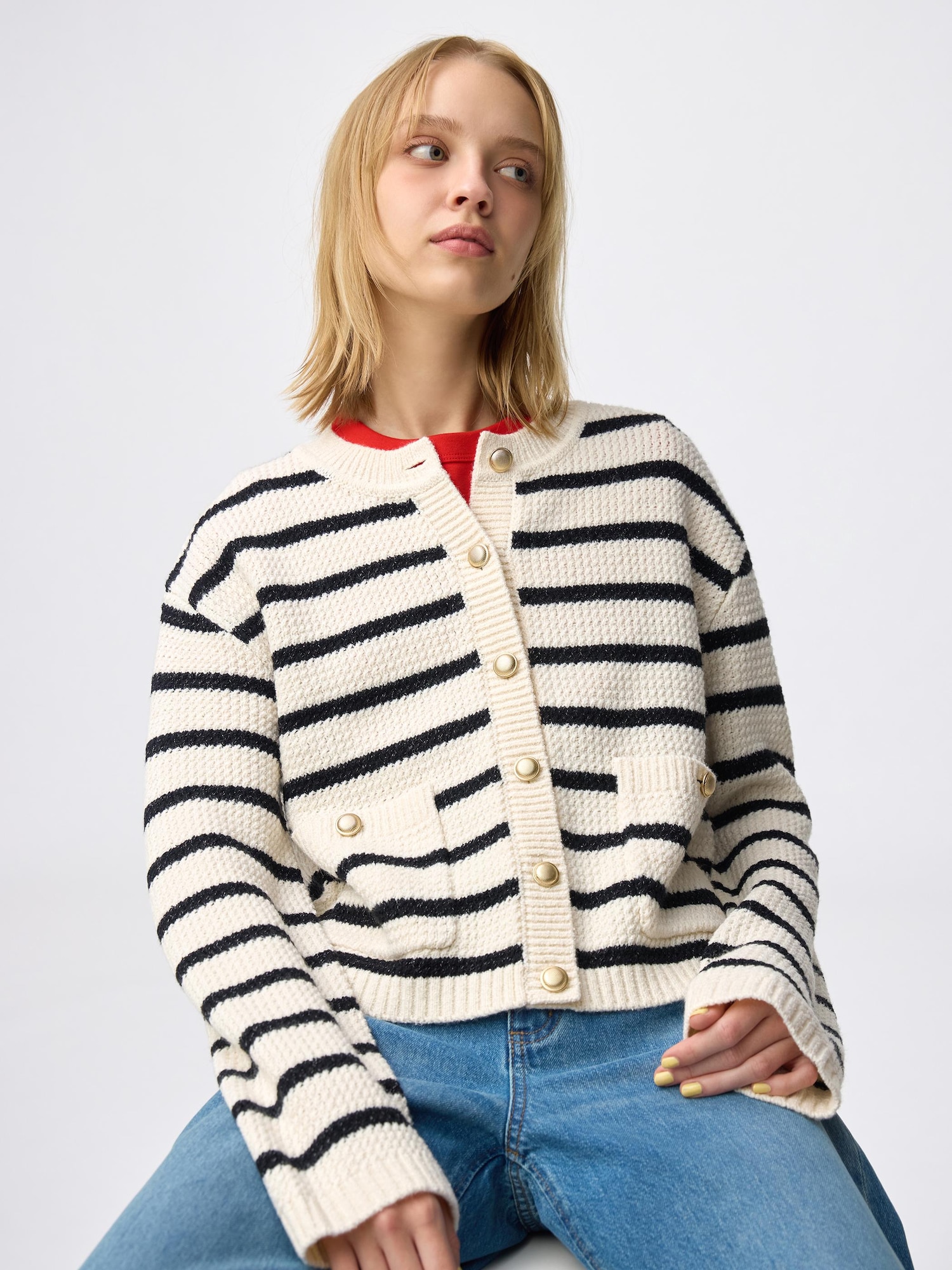 【希望額コメント】 TWEEDFRINGEKNITCARDIGAN Women's Tweedy Knitted Striped Cardigan | GU US