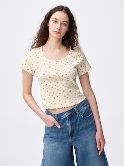 Pointelle Flower Printed T-Shirt