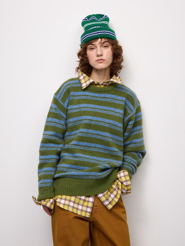 Puffy Touch Knit Striped Crew Neck Sweater | PF