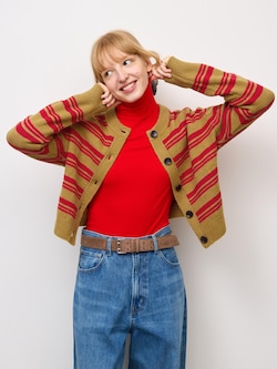 Puffy Touch Knit Striped Crew Neck Cardigan | PF