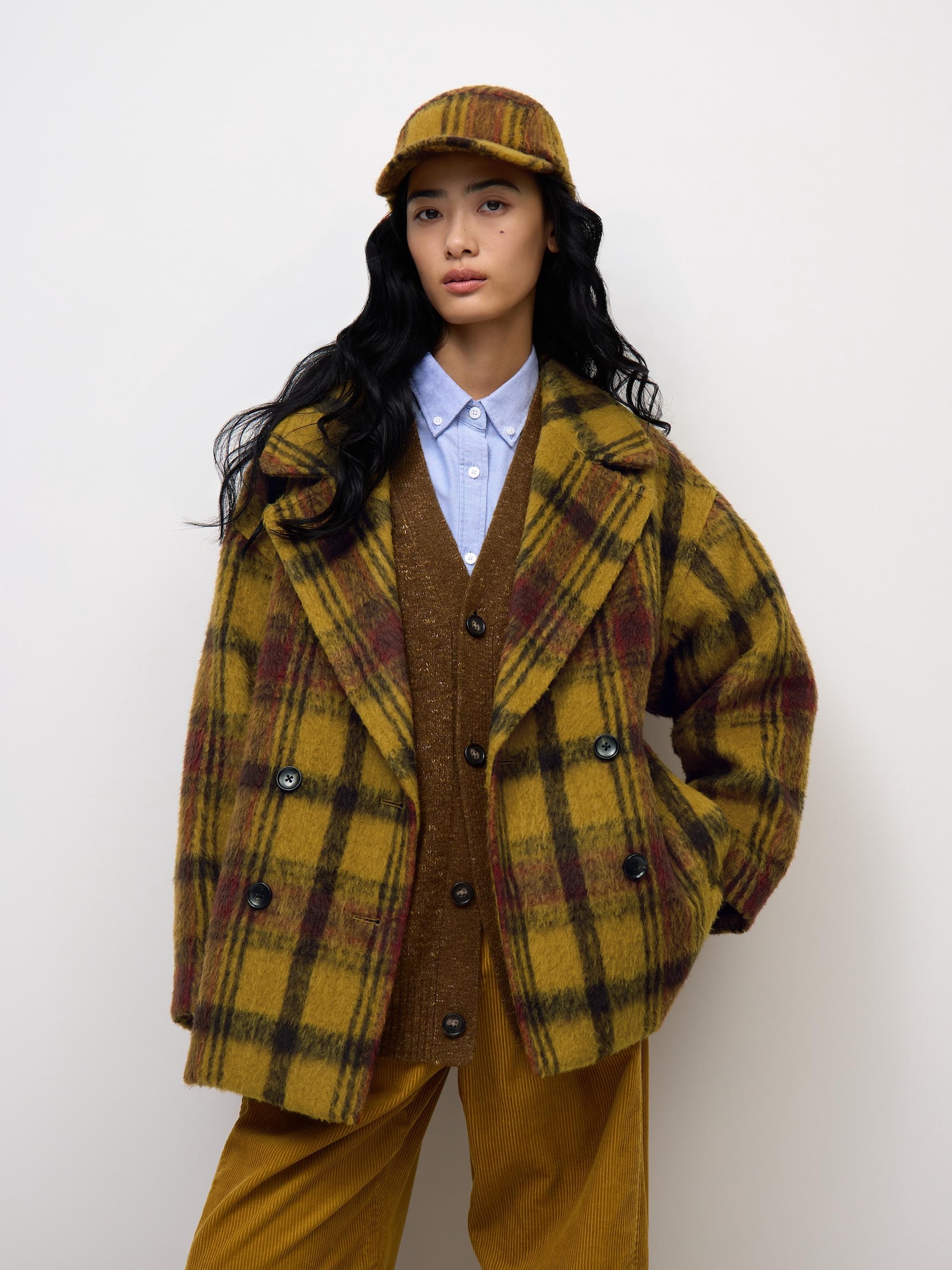 CLANE❤️ SHORT SHAGGY COCOON OVER COAT Women's Shaggy Checked Cocoon Pea Coat | CL | GU US