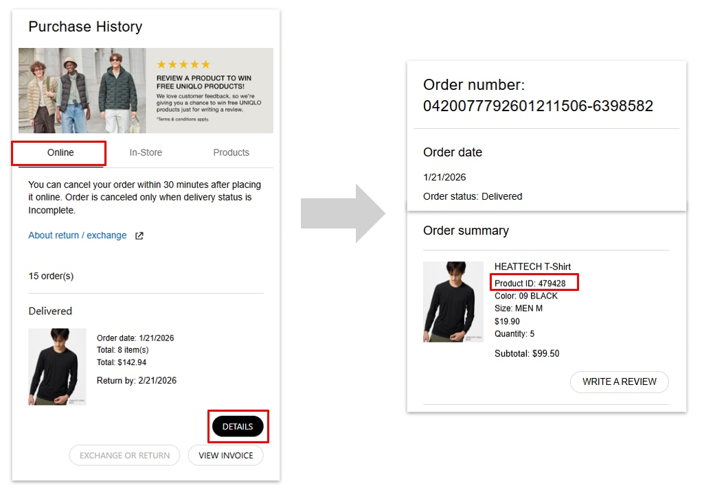 Online order purchase history showing the product number