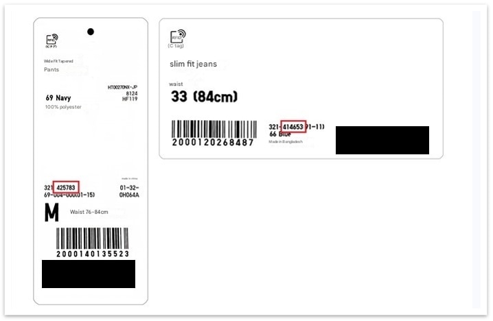 Product tag showing the product number