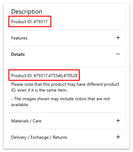 Product page showing the product number