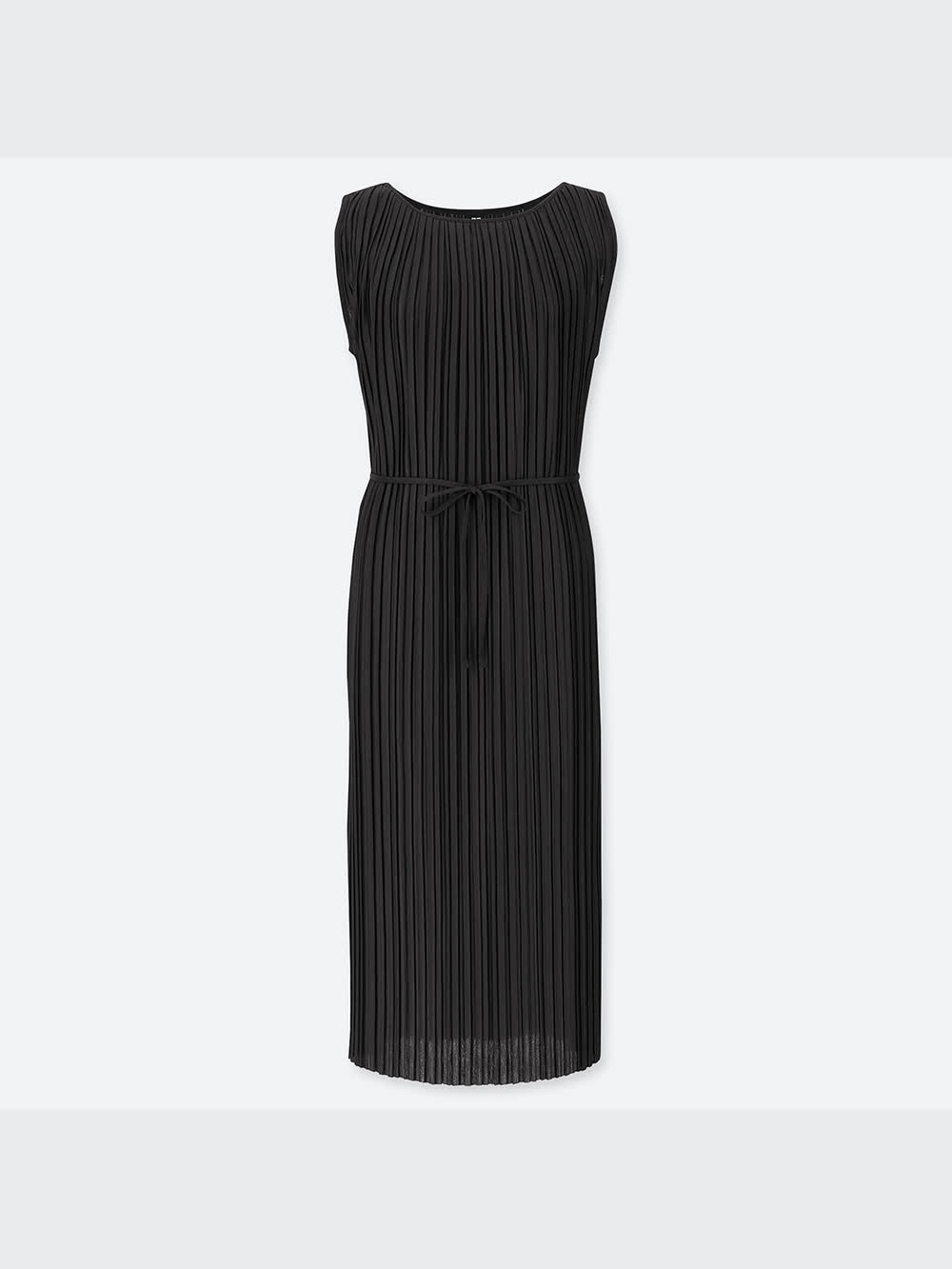 黒のプリーツノースリーブワンピース 洗える/オンオフ】プリーツノースリーブワンピース（マキシ