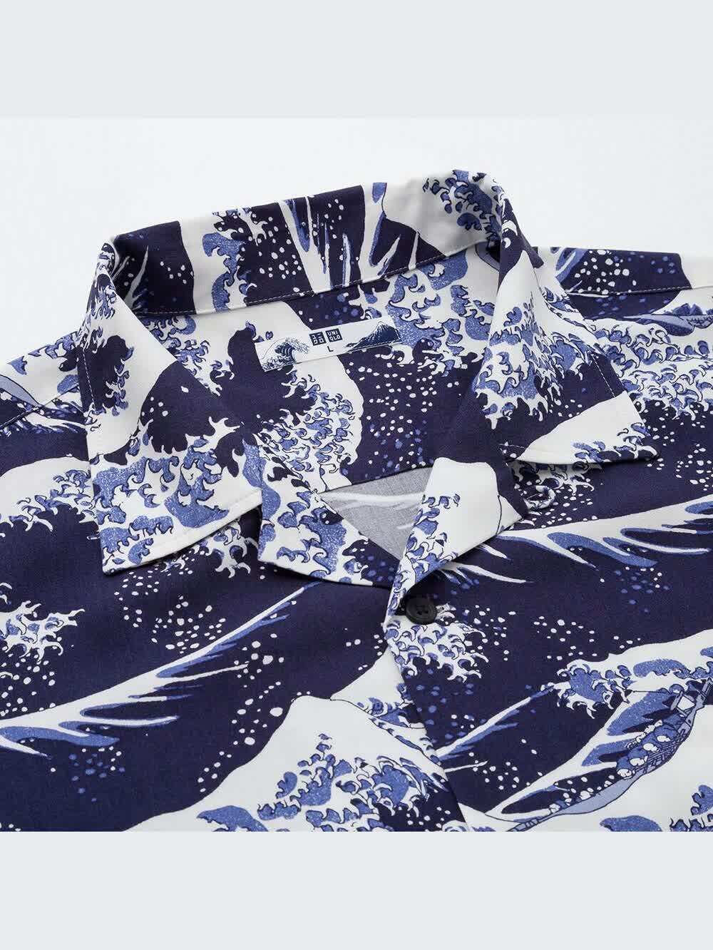 ユニクロ公式 | 北斎ブルーオープンカラープリントシャツ（半袖）