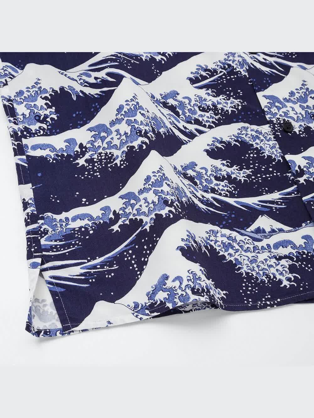 ユニクロ公式 | 北斎ブルーオープンカラープリントシャツ（半袖）