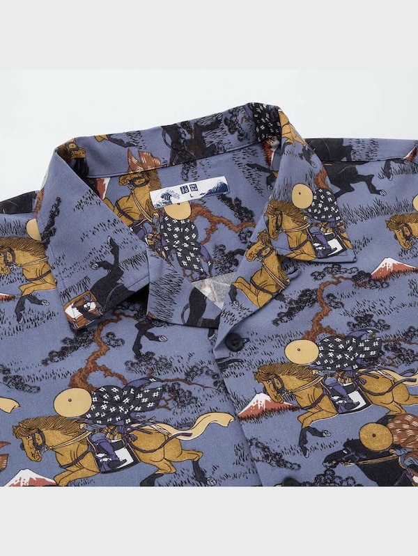 北斎ブルーオープンカラープリントシャツ（半袖）