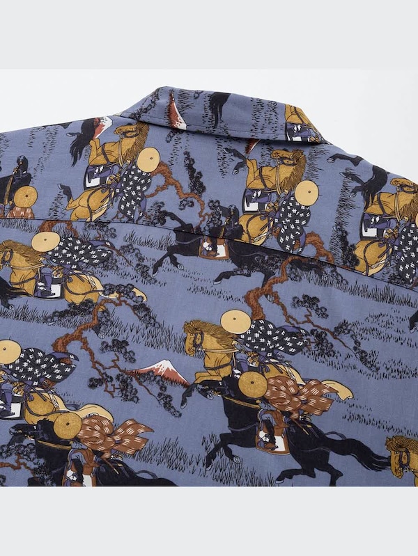 北斎ブルーオープンカラープリントシャツ（半袖）