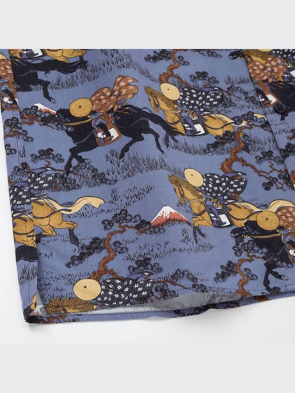 北斎ブルーオープンカラープリントシャツ（半袖）