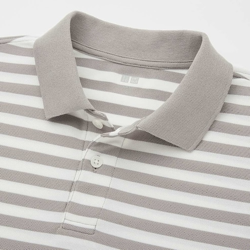 grey and white striped polo shirt
