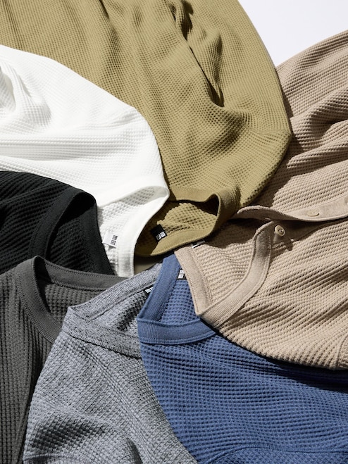 MEN'S WAFFLE HENLEY NECK LONG SLEEVE T-SHIRT UNIQLO IN