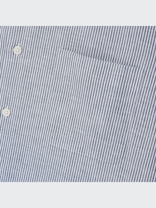 リネンコットンストライプスタンド�カラーシャツ（半袖）