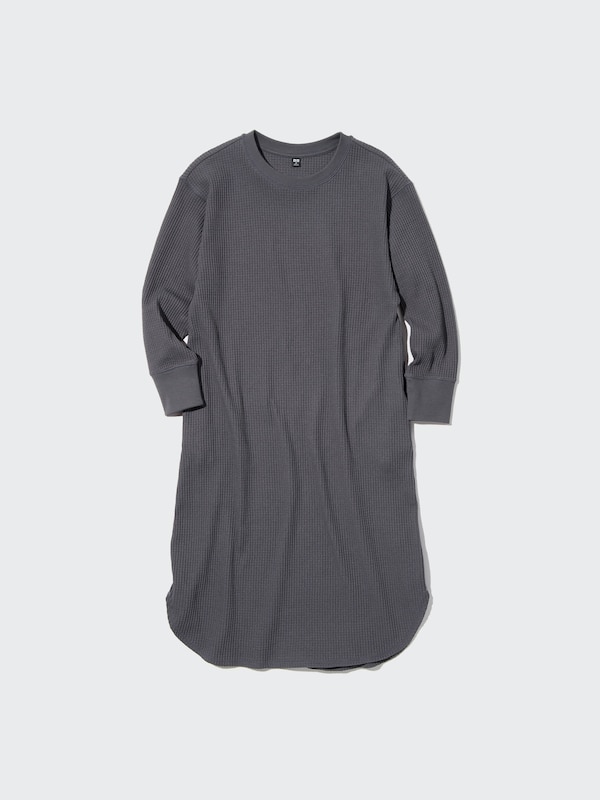 Waffle Crew Neck Long Sleeve Dress