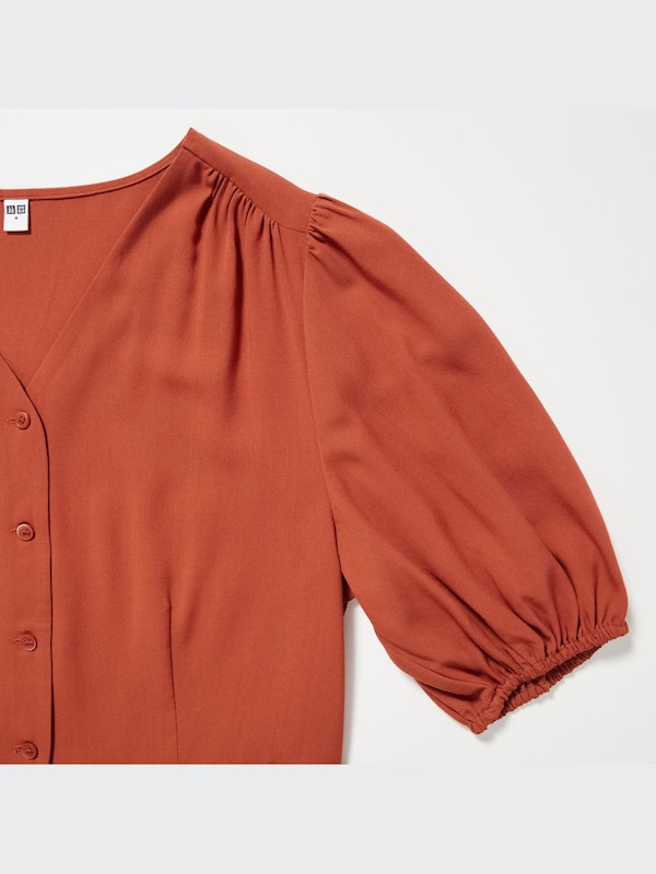 Vネックボリュームスリーブブラウス（半袖）