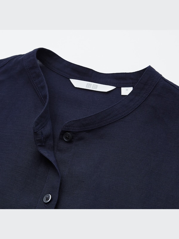 Linen Blend Band Collar 3/4 Sleeve Shirt