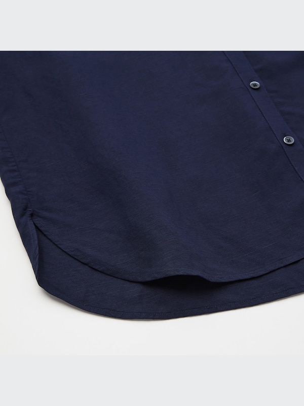 Linen Blend Band Collar 3/4 Sleeve Shirt
