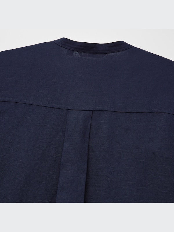 Linen Blend Band Collar 3/4 Sleeve Shirt