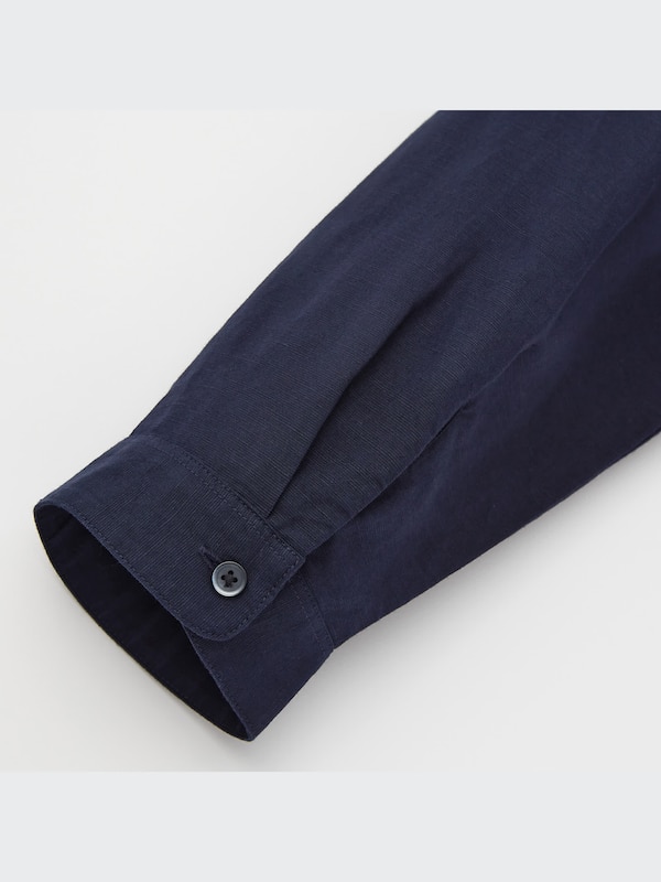 Linen Blend Band Collar 3/4 Sleeve Shirt