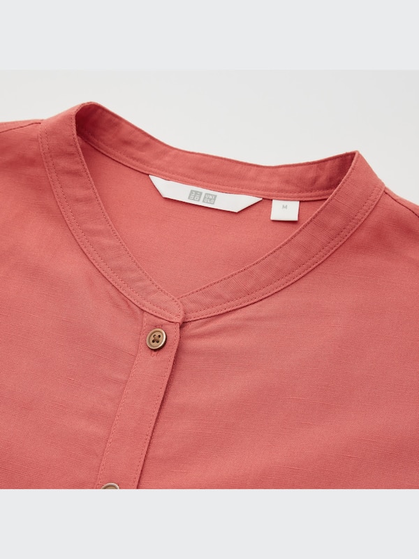 Linen Blend Band Collar 3/4 Sleeve Shirt