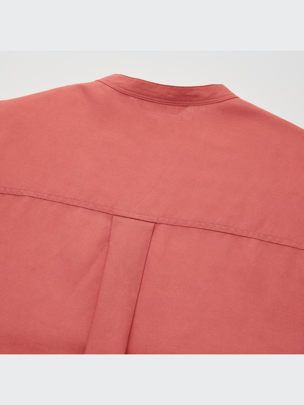 Linen Blend Band Collar 3/4 Sleeve Shirt