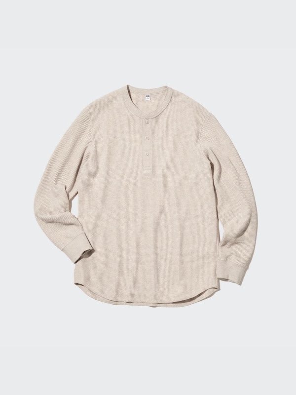 T-Shirt Waffle Kerah Henley Lengan Panjang