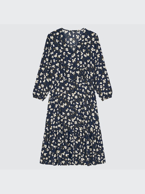 WOMEN'S PRINTED V NECK 3/4 SLEEVE FLARE DRESS UNIQLO SG