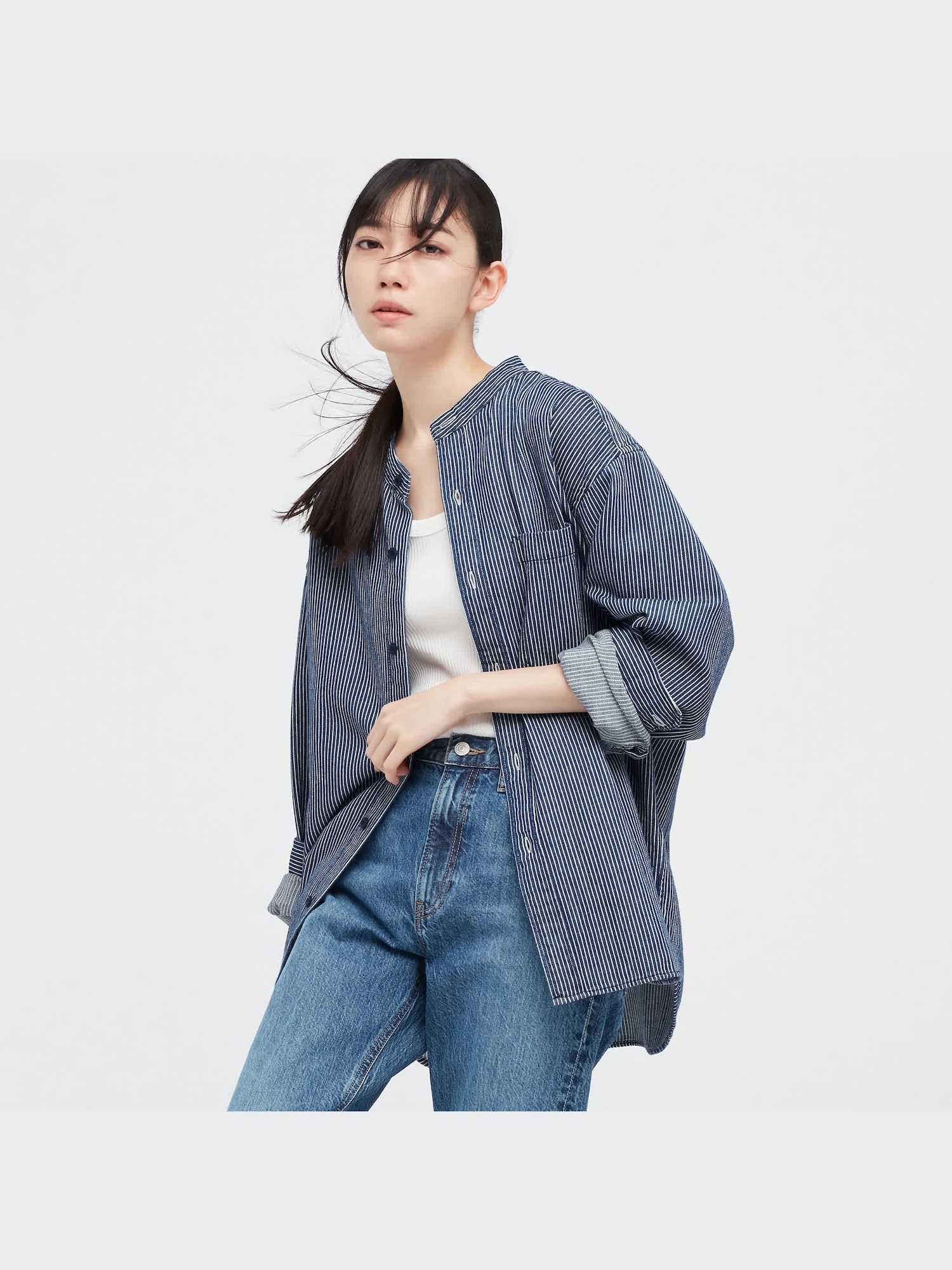 ユニクロ公式 | ヒッコリーオーバーサイズスタンドカラーシャツ（長袖）