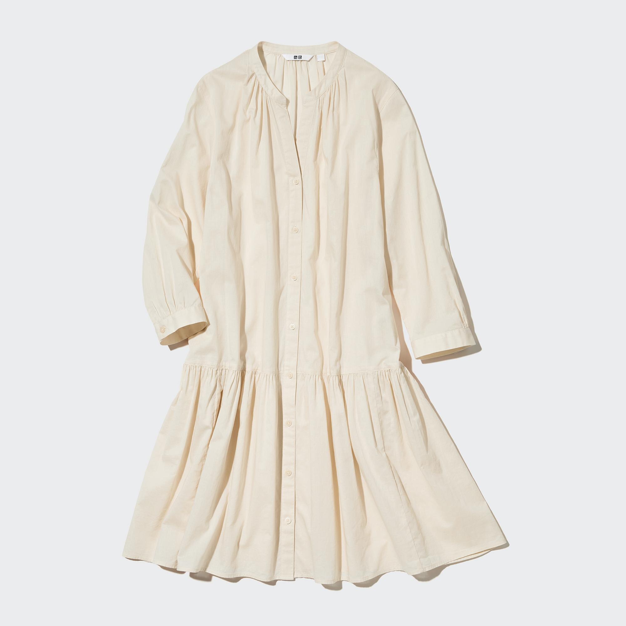 Check styling ideas for「Cotton Gathered 3/4 Sleeve Mini Dress、UV
