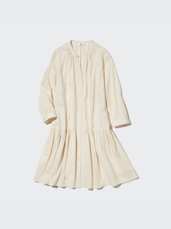 Cotton Gathered 3/4 Sleeve Mini Dress