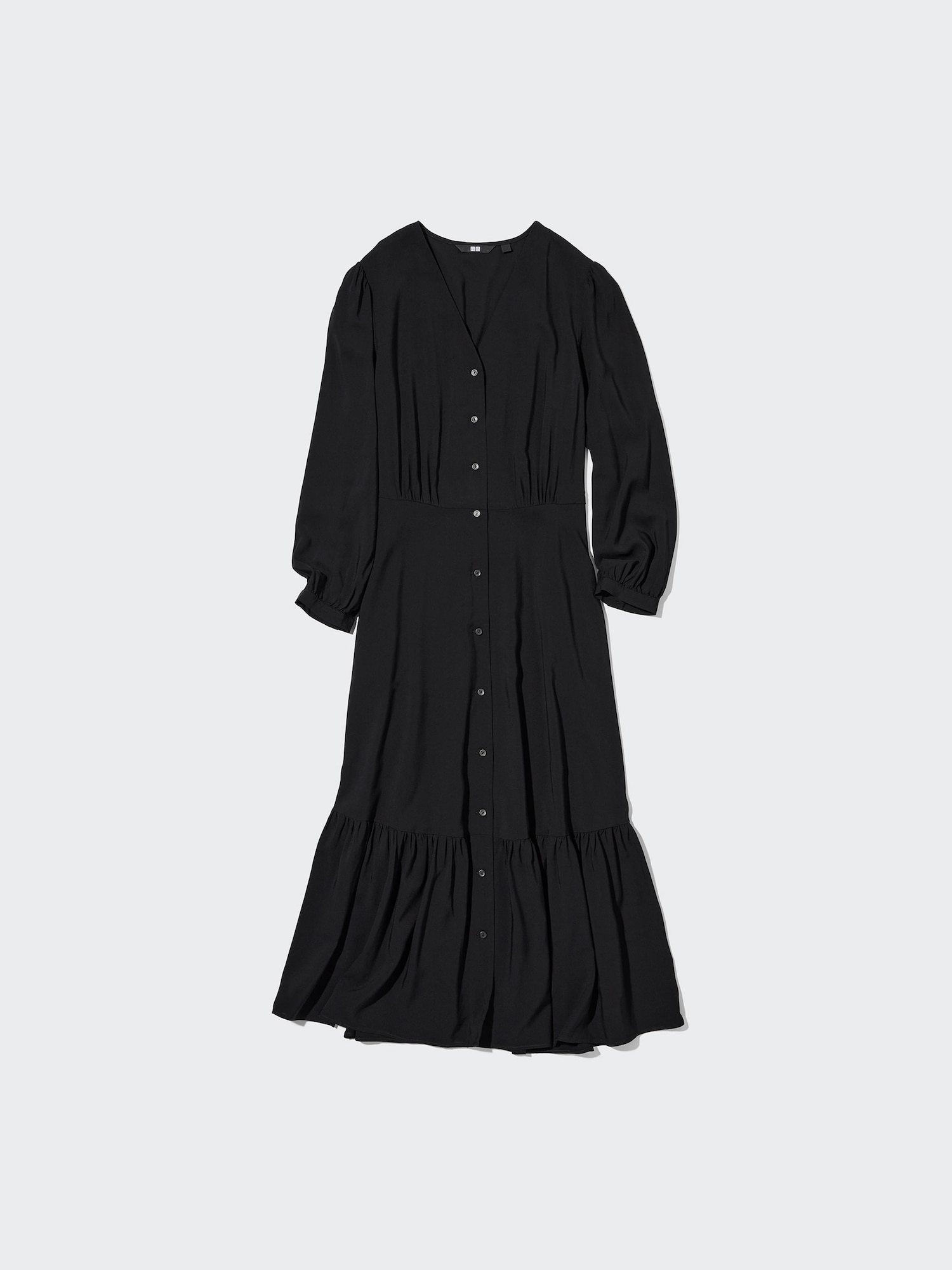 MIU MIU XS 黒Vネック長袖フレアワンピース UNIQLO Vネック フレアワンピース ロング丈 2wayワンピース 七分