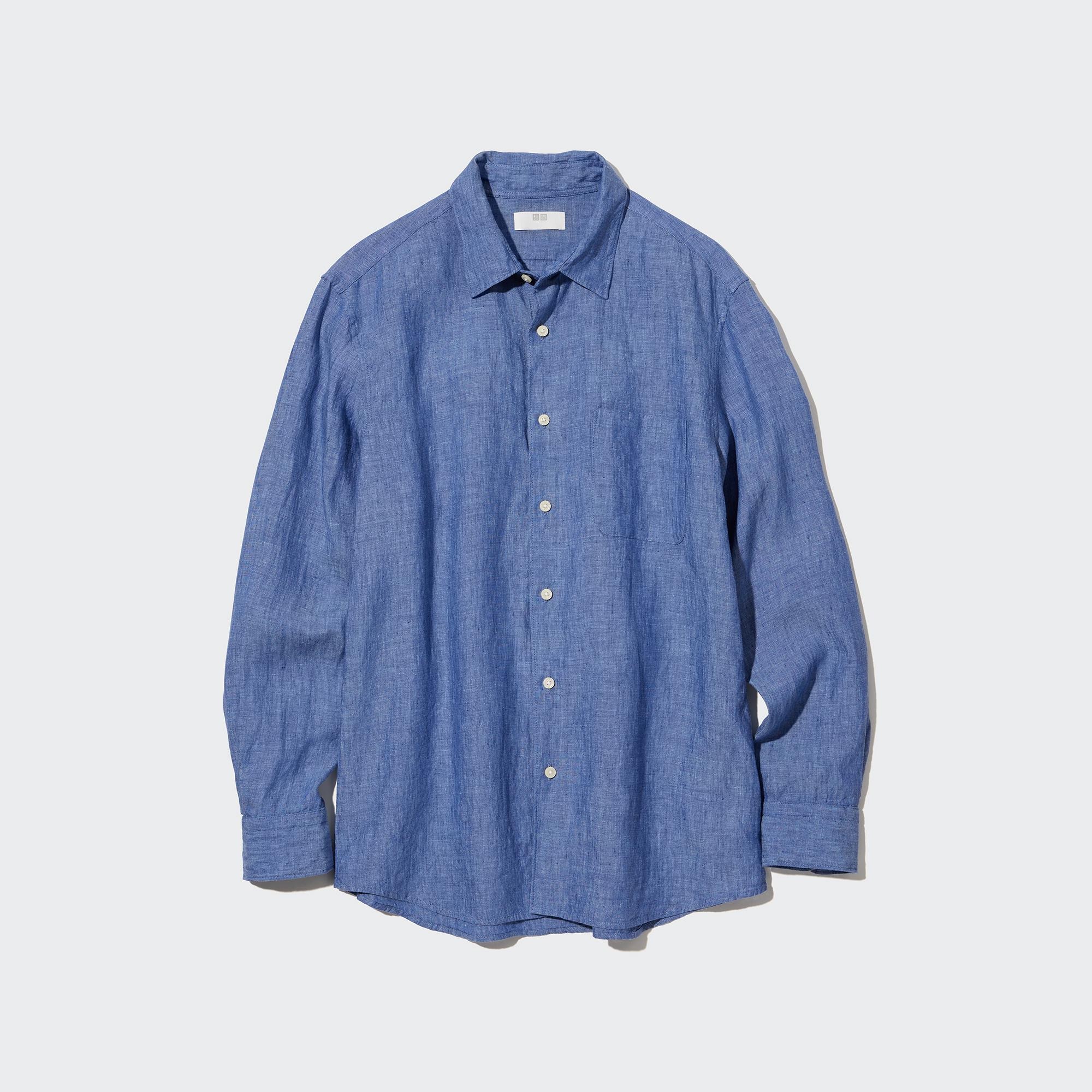 訳あり ユニクロ UNIQLO プレミアムリネンシャツ ブルー Blue S