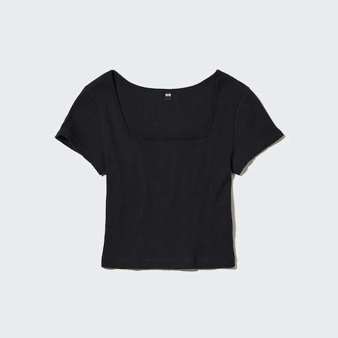 WOMEN'S RIBBED SQUARE NECK CROPPED T-SHIRT