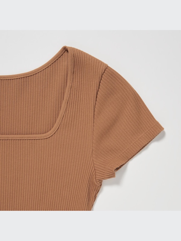 T-Shirt Crop Rib Kerah Persegi Lengan Pendek