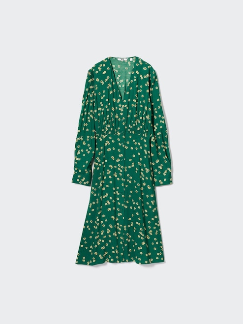 WOMEN'S PRINTED V NECK LONG SLEEVE FLARE DRESS | UNIQLO SG