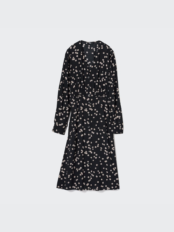 Gaun Flare Motif Kerah V Lengan Panjang