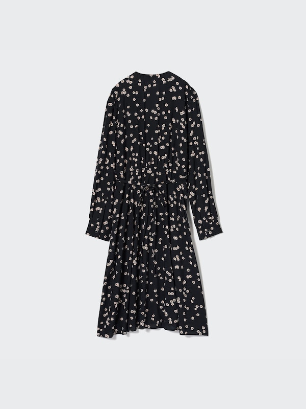 Gaun Flare Motif Kerah V Lengan Panjang