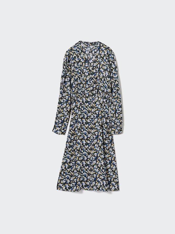 Printed V Neck Long Sleeve Flare Dress