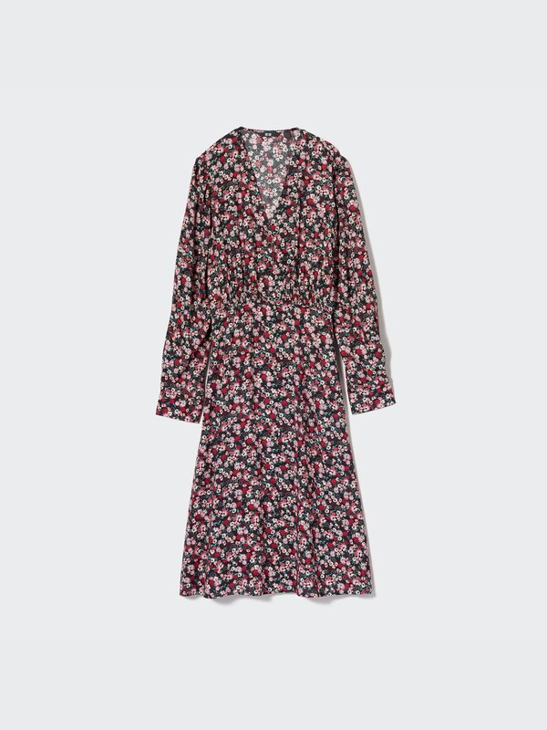 Printed V Neck Long Sleeve Flare Dress