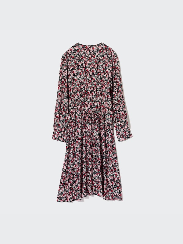 Printed V Neck Long Sleeve Flare Dress
