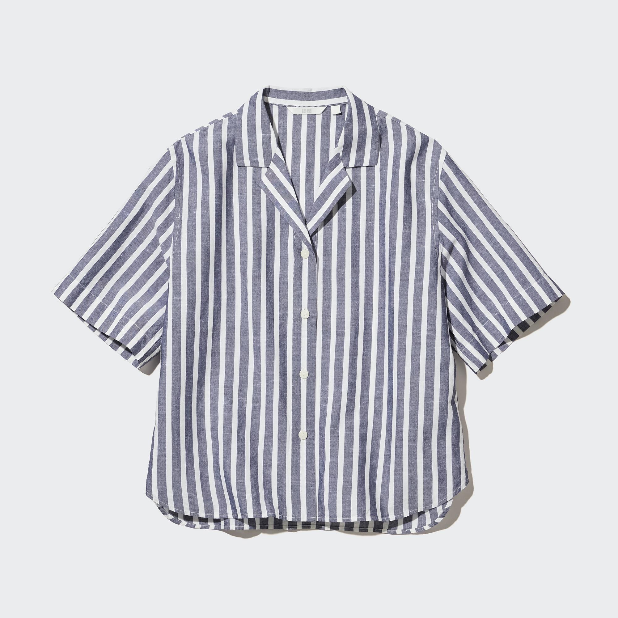 WOMEN'S LINEN BLEND STRIPED OPEN COLLAR SHORT SLEEVE SHIRT | UNIQLO ID