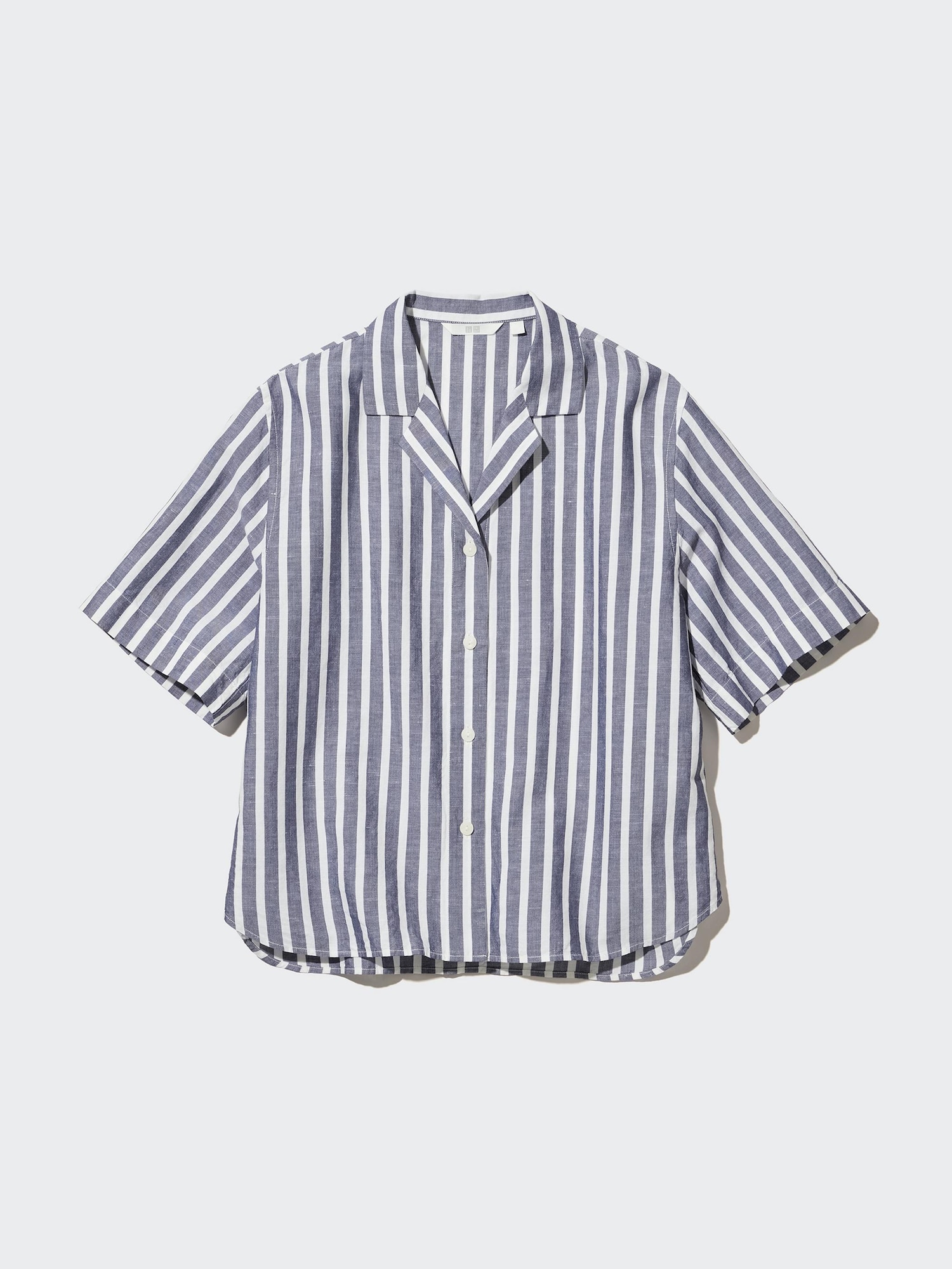 WOMEN'S LINEN BLEND STRIPED OPEN COLLAR SHORT SLEEVE SHIRT