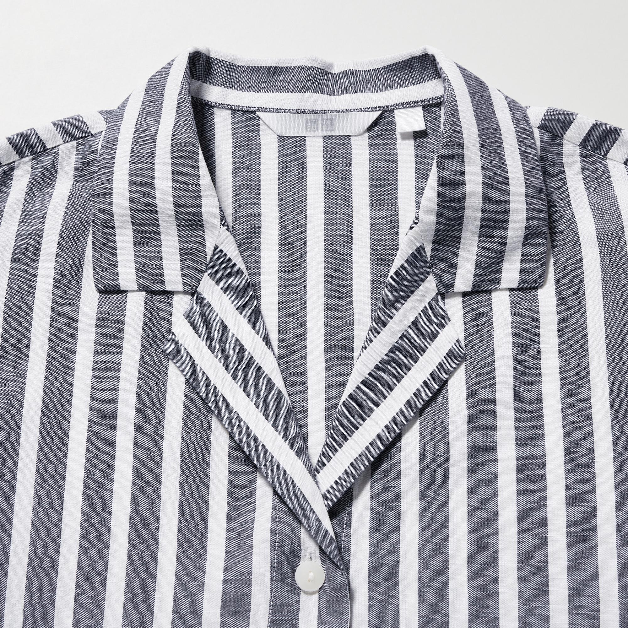 Linen Blend Striped Open Collar Short Sleeve Shirt