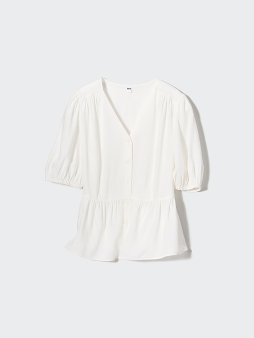 WOMEN'S RAYON LAWN V NECK SHORT SLEEVE BLOUSE UNIQLO SG