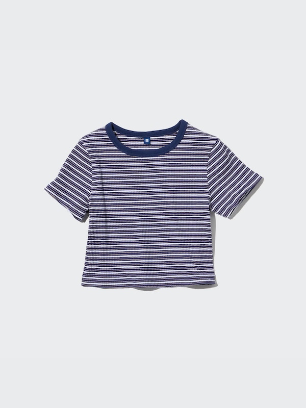 GIRLS T-Shirt Crop Rib Garis Lengan Pendek