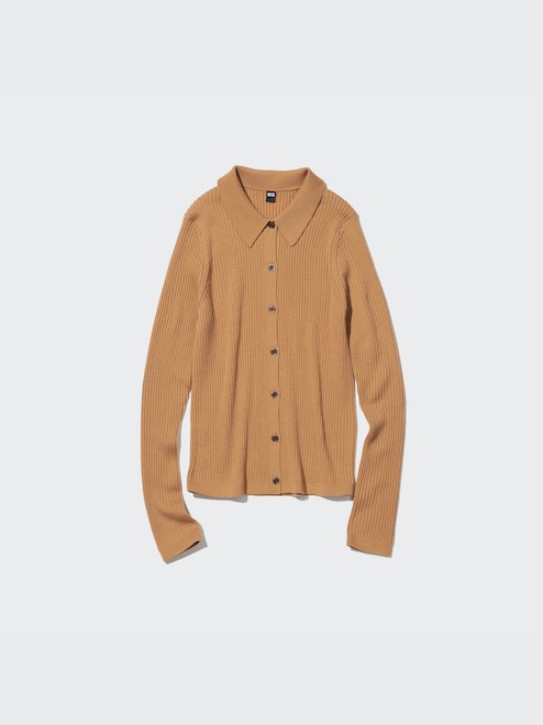 WOMEN'S EXTRA FINE MERINO RIBBED POLO CARDIGAN UNIQLO SG