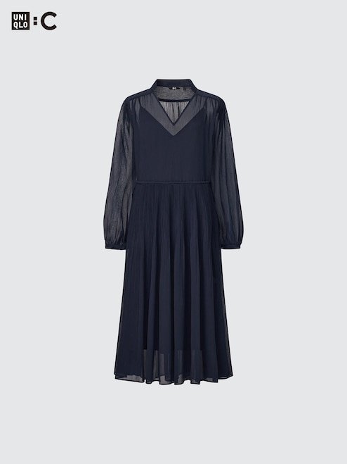 WOMEN'S CHIFFON PLEATED LONG SLEEVE DRESS | UNIQLO SG