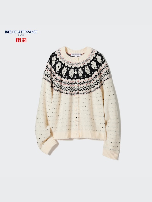 Jacquard Crew Neck Long Sleeve Cardigan