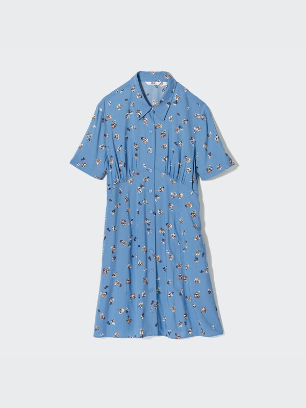 Gaun Flare Mini Motif Lengan Pendek